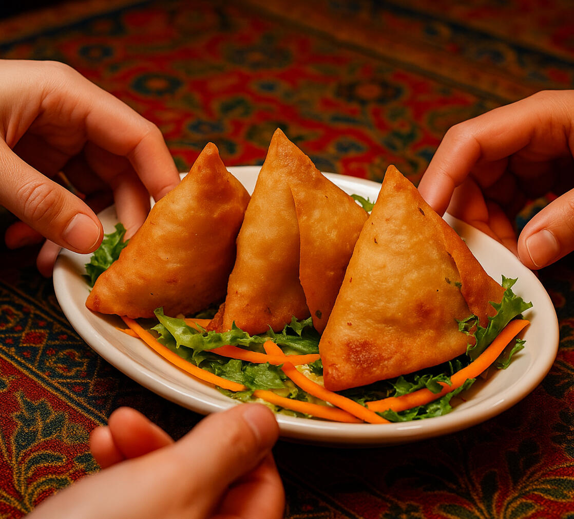 Photorealistic image of two diners reaching toward a plate of golden samosas garnished with greens and carrots, set on a vibrant Indian-patterned tablecloth, capturing a shared appetizer momen