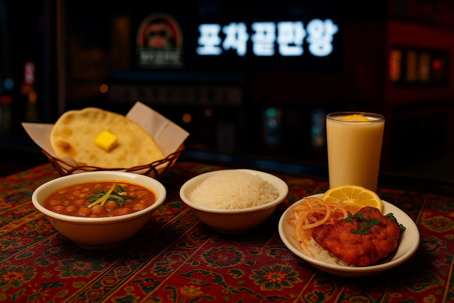 Photorealistic image of a 2-person Indian dinner set with naan, chickpea curry, tandoori chicken, basmati rice, and mango lassi, served on a richly patterned tablecloth with a neon-lit Korean street visible through the window.