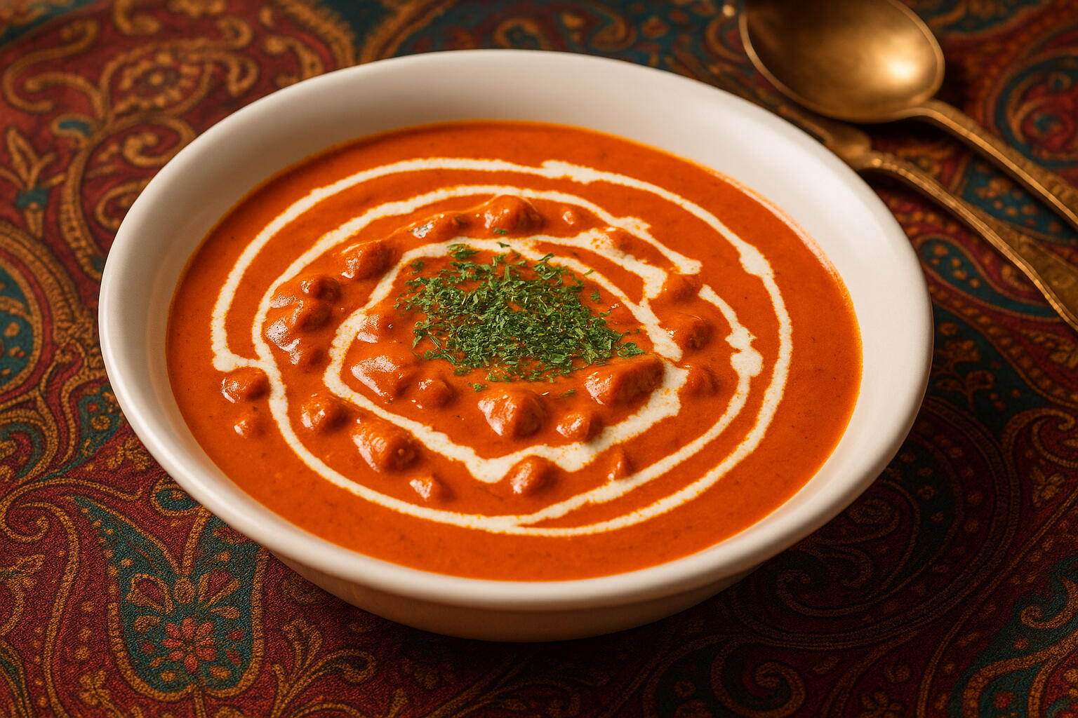Photorealistic image of butter chicken curry with a swirl of cream and cilantro garnish, served in a white bowl on a richly patterned Indian textile, with brass utensils in the background.