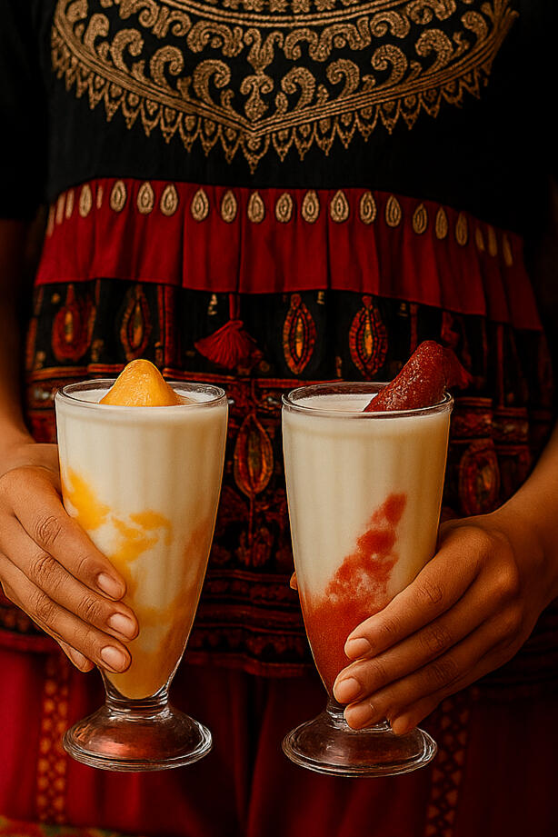 Photorealistic image of a woman in traditional Gujarati attire holding two lassi drinks — mango and strawberry — with both hands, set against a softly blurred background of restaurant diners.