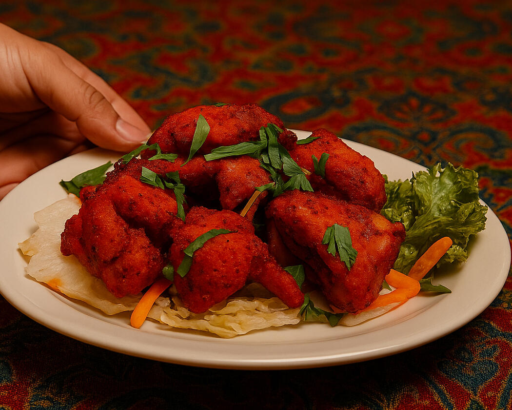 Photorealistic image of a server’s hand presenting a plate of chicken tikka garnished with herbs, set on a vibrant Indian-patterned tablecloth, highlighting authentic North Indian cuisine.