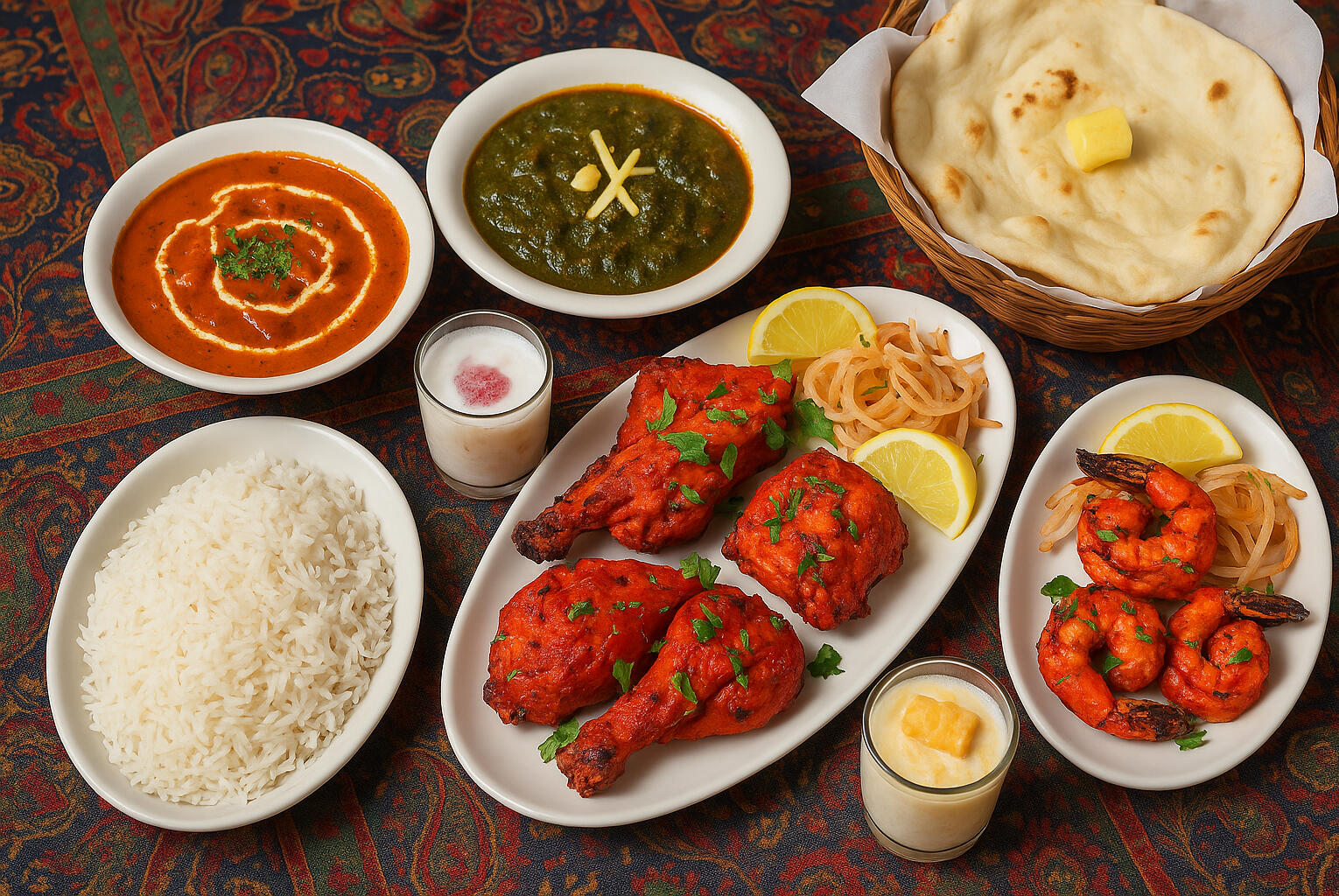 Photorealistic image of a 4-person Indian feast including butter chicken, palak paneer, grilled prawns, tandoori chicken, basmati rice, naan bread, gulab jamun, and mango shrikhand, arranged on a vibrant Indian textile tablecloth with brass cutlery.
