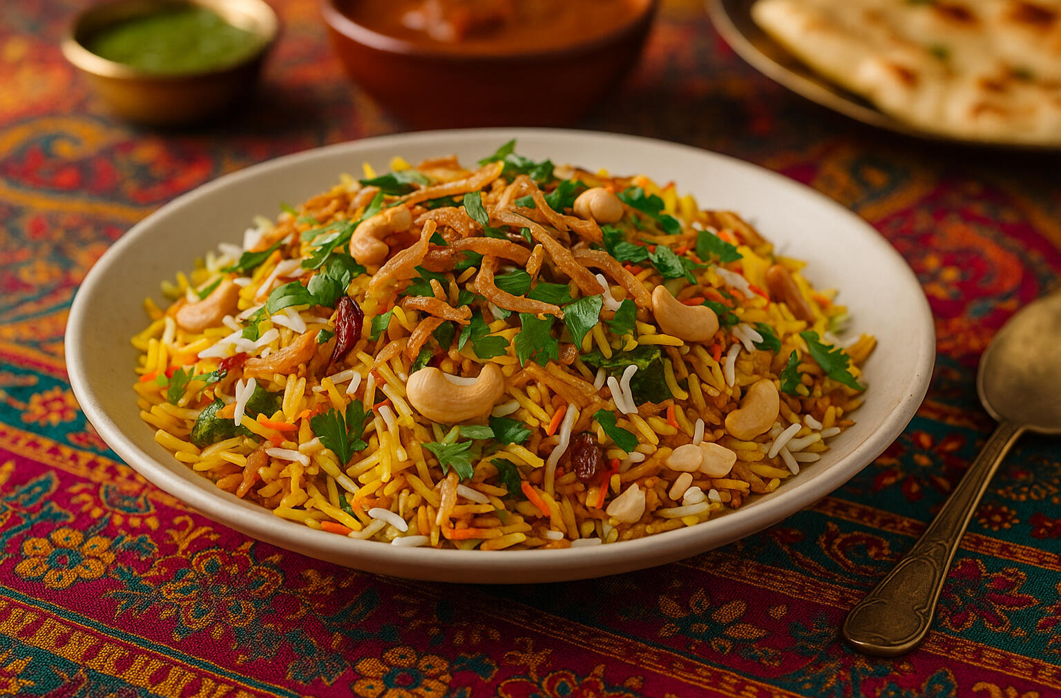 Photorealistic image of chicken, mutton, and vegetable biryani garnished with crispy onions, cilantro, and cashews, presented on a traditional Indian tablecloth with brass utensils in the background.