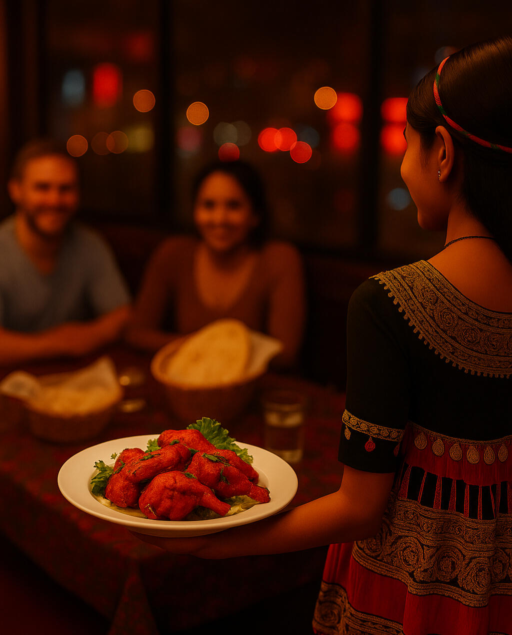 Photorealistic image of a South Asian server in traditional Gujarati attire presenting a plate of tandoori chicken to a seated couple at a table with naan, water glasses, and dining setup, with a blurred window view of neon-lit downtown Daegu in the backgr
