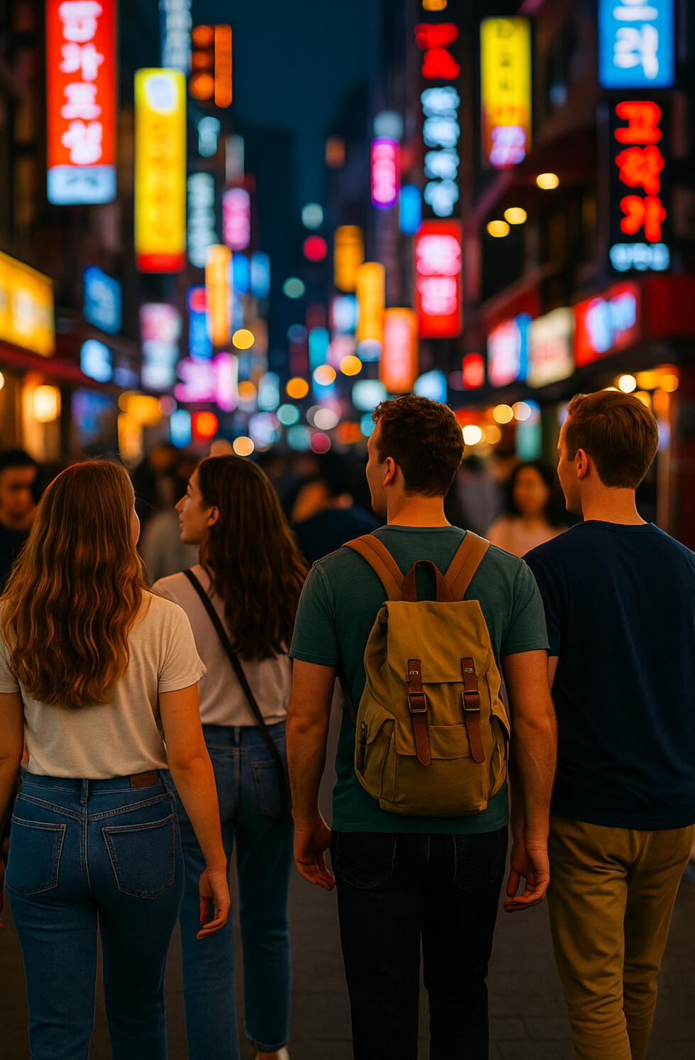 Four young American adults walk with their backs to the camera down a neon-lit street in downtown Daegu, Korea, looking around in wonder at the vibrant nightlife; Korean passerby and background signage appear softly blurred.